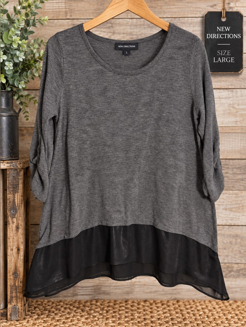 new directions Charcoal Gray Knit Blouse with Black Chiffon Hem